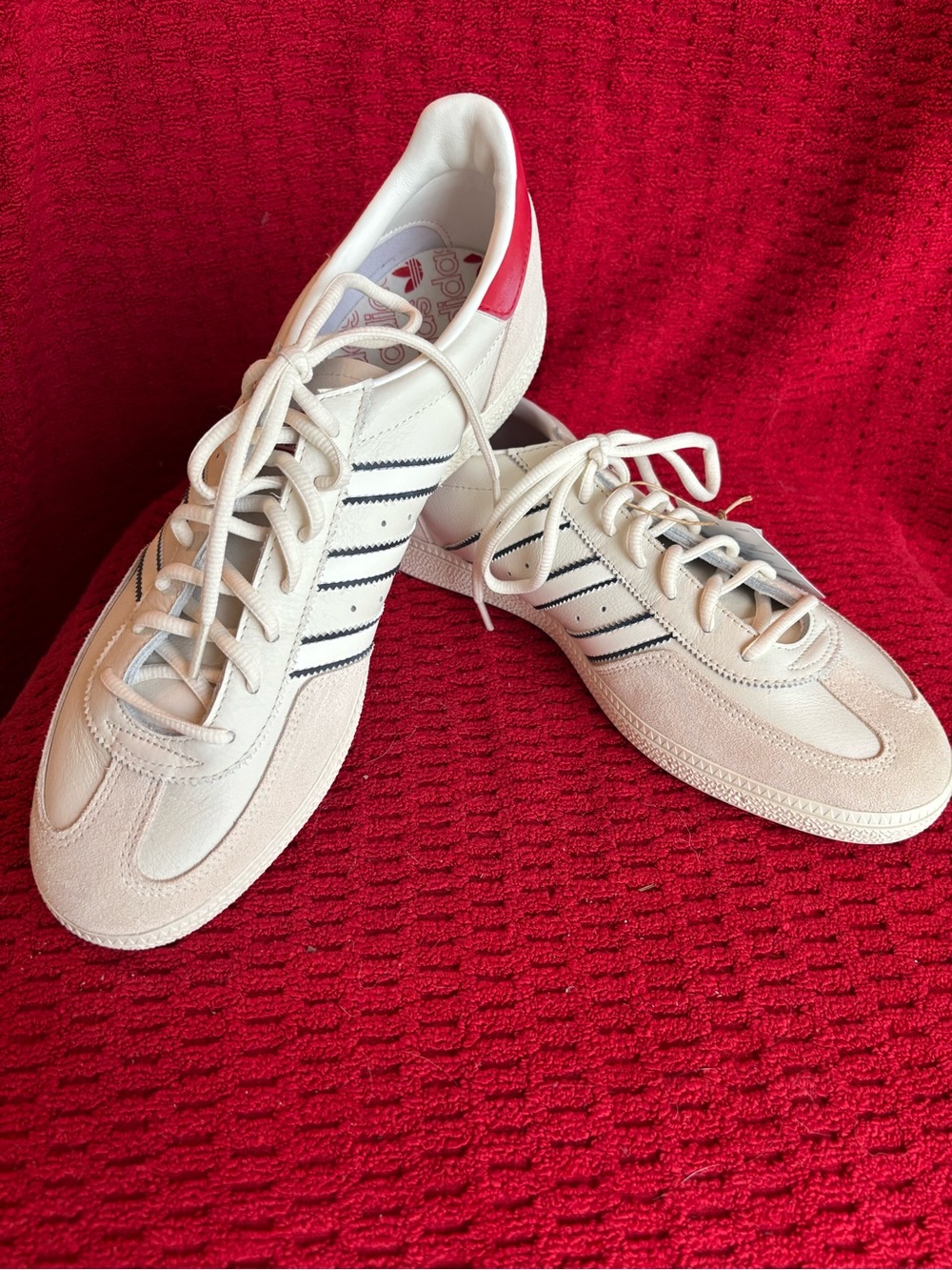 Adidas Spezial men’s Casual White Sneakers with Blue Stripes and Red Heel Accent